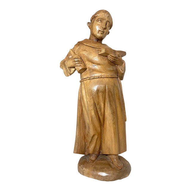 1940s Hand Carved Wood Folk Art Friar Monk Statue Sculpture Religious Figure For Sale