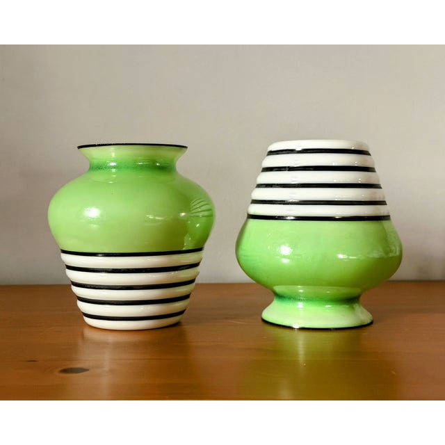 Jade Green & White Glass Vase Duo | Art Deco For Sale - Image 8 of 12