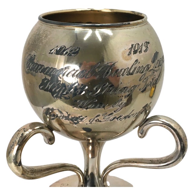 1910s Antique Classic Three Handle Style Silverplate Bowling Trophy Cup Circa 1912 - 1913 For Sale - Image 5 of 13
