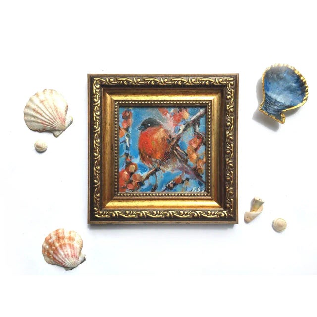 2020s Framed Bullfinch Bird Original Painting Vintage Style by Valeriya Serova For Sale - Image 5 of 6