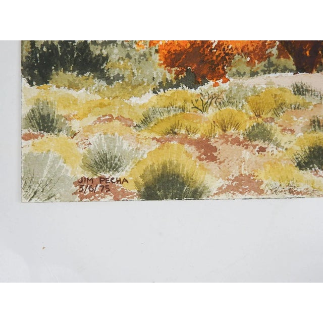 Vintage 1975 watercolor on paper painting of adobe in autumn landscape by James Clifford Pecha (1945-2016) New Mexico. He...