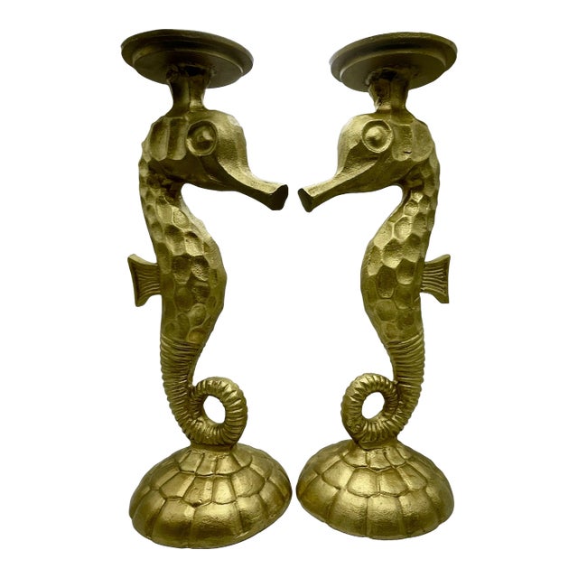1960s Seahorse Candle Stands in Gold Tone Solid Aluminum For Sale