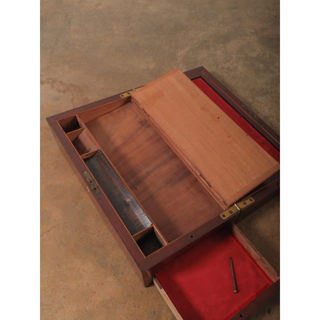 Early 20th Century Mahogany Writing Slope Lap Desk Box With Red Leather Interior and Brass Hardware For Sale - Image 10 of 14