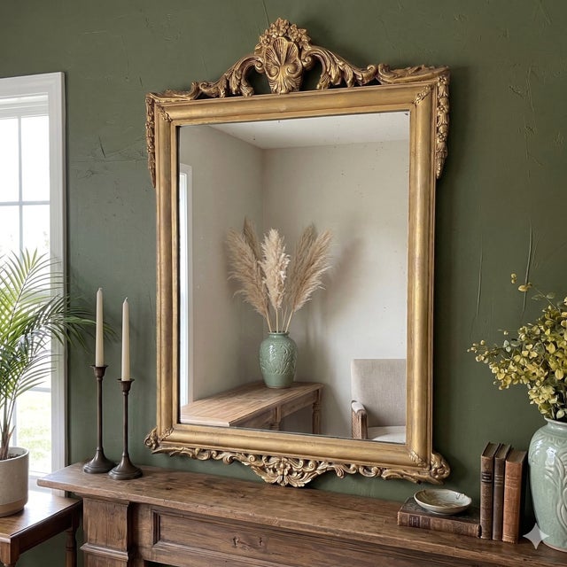Antique Wall Mirror Gold Ornate Wood Shell Crest Design, Rectangular Mantel Entryway Early 1900's For Sale - Image 14 of 14