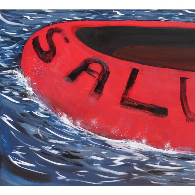 Textile Moisés Villafuerte "Salvavida" Blue, Red, and White Contemporary Seascape Painting with Texts, 2023 For Sale - Image 7 of 11
