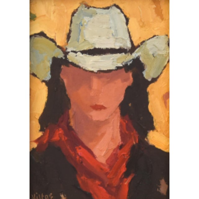 Farmhouse Impressionist Western Cowgirl Portrait Painting Including the Antiqued Gold Wood Frame For Sale - Image 3 of 5