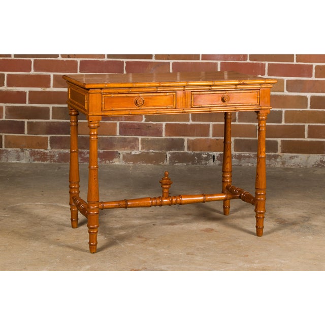 Wood Mid 20th Century English Pine Faux Bamboo Desk with Two Drawers and H-Form Cross Stretcher For Sale - Image 7 of 12