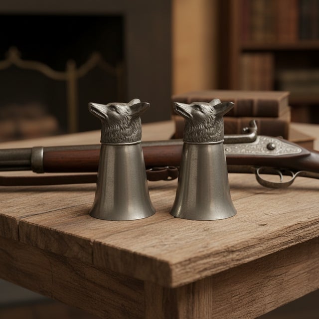 Vintage Pewter Fox Head Stirrup Cups-Pair-English Hunting-Barware-Equestrian-Man For Sale - Image 4 of 13