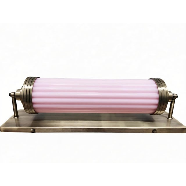 Vintage Art Deco Light Old Lamp Wall Sconces Fixture Brass & Pink Glass Rod Ship Light - Pair For Sale - Image 4 of 5