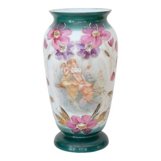 Antique Floral Motif Opaline Glass Vase For Sale