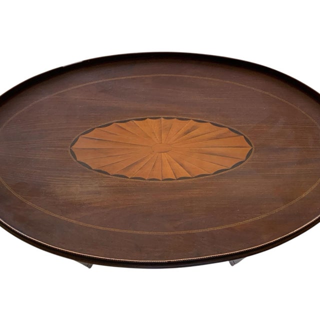 Antique English Edwardian Mahogany & Satinwood Marquetry Oval Occasional Table England C. 1900 For Sale - Image 4 of 11