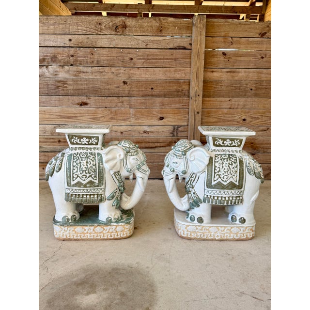 Pair Vintage Chinoiserie Regency Glazed Terracotta Ceramic Elephant Garden Seat Side Tables For Sale - Image 4 of 12