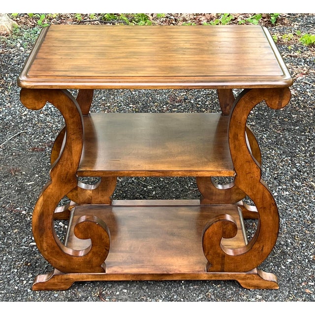 Great Rustic European scrolled leg side table. Crafted in solid maple with a hand planed top with two display or storage...
