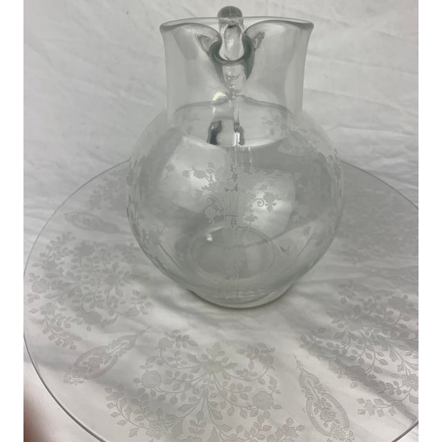 Early 20th Century Etched Glass Pitcher With Matching Glass Round Tray For Sale - Image 4 of 9