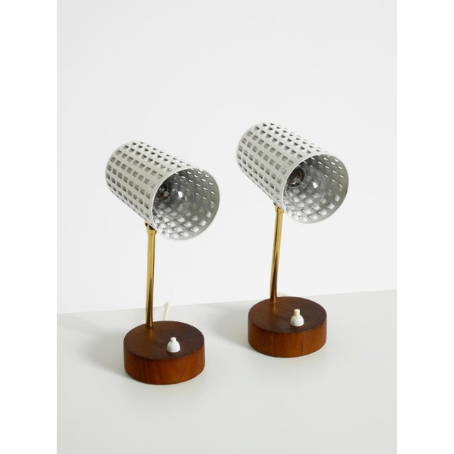 Mid-Century Modern Bedside Lamps with Perforated Metal Shades and Teak Bases, 1950s, Set of 2 For Sale - Image 10 of 18