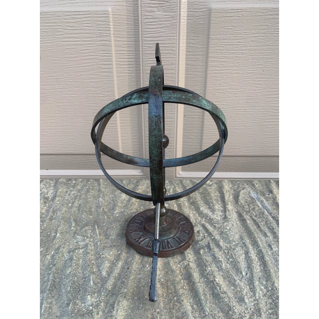 Rustic Verdigris Iron Armillary Sphere on Pedestal – European Garden Accent For Sale - Image 9 of 9