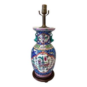 Vintage Chinese Chinoiserie Pink Blue Green Porcelain Table Lamp