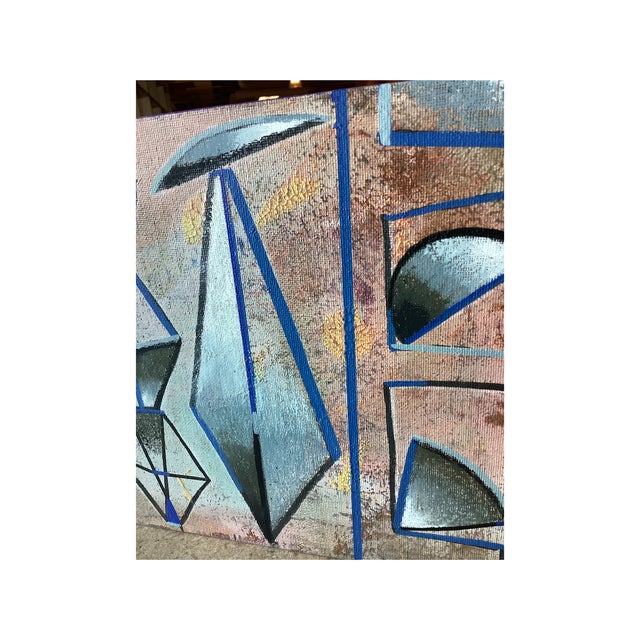 2020s Mid Century Modern Abstract Painting Blue Teal Orange Geometric Wall Art Original 8x8 For Sale - Image 5 of 16