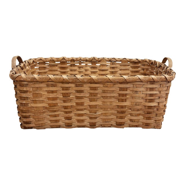 Vintage Oversized Woven Wood Slat Handled Basket For Sale
