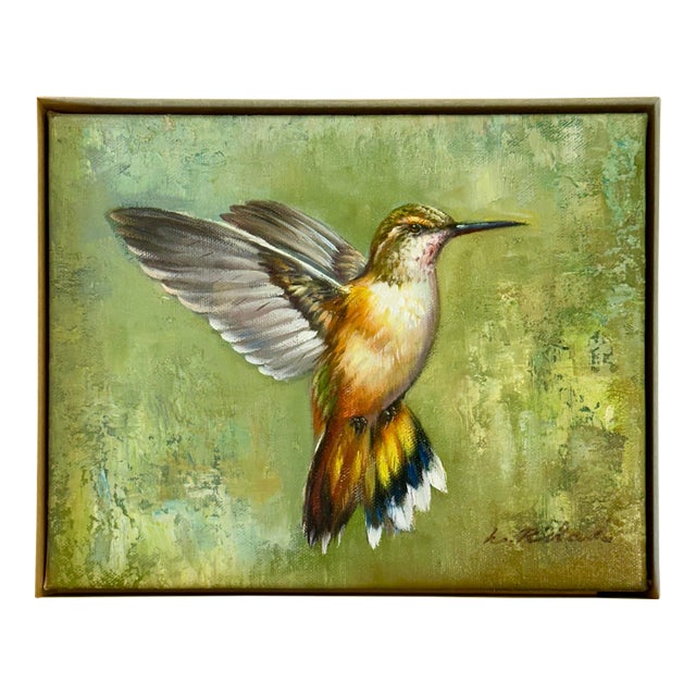 Original oil on canvas by L. Ricard, circa 2023. A luminous study of a rufous hummingbird caught mid-hover, wings spread...