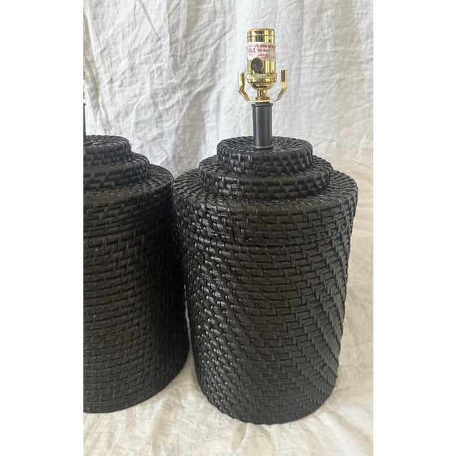Ethan Allen Espresso Woven Rattan Table Lamps, Great for a beach house or casual setting. White lamp shades would be...