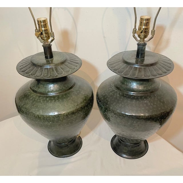 Bronze 1990s Large Pair of Modern Hand Made Hand Hammered Patinated Bronze Table Lamps For Sale - Image 8 of 12