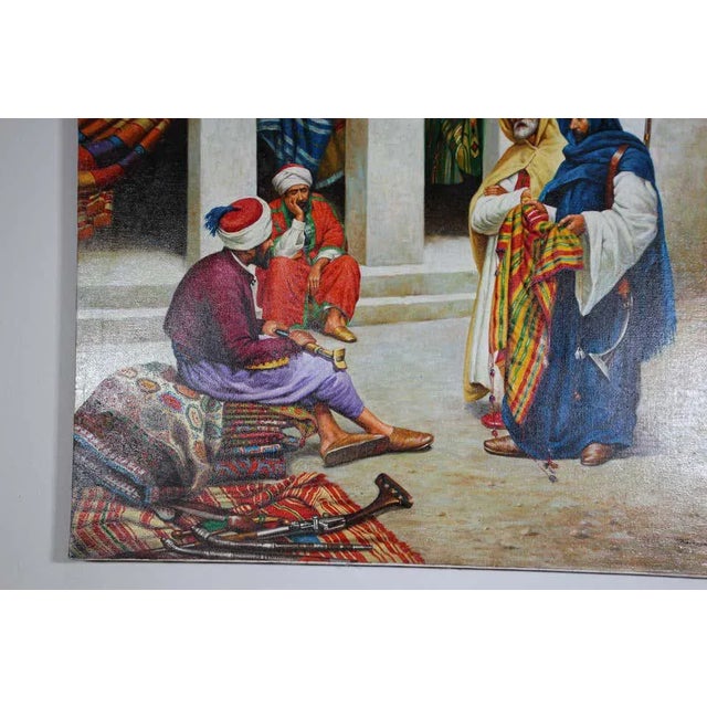 Textile Moroccan Orientalist Oil Painting of a Rug Market For Sale - Image 7 of 11