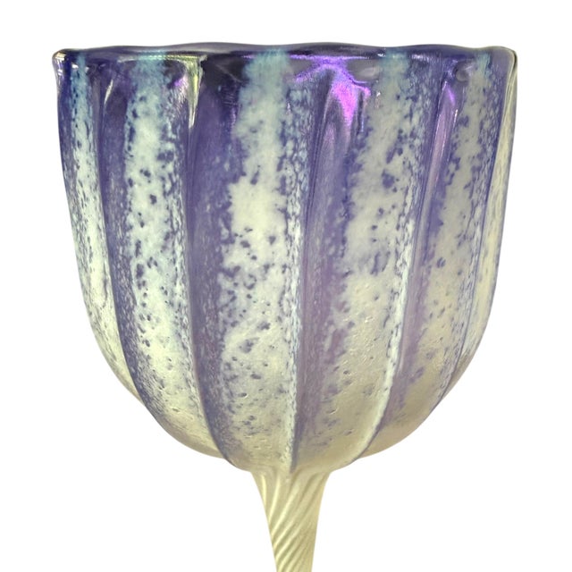 1990s Attributed Cam Langley Hand Blown Iridescent Lavender Art Glass Wine Goblets – Set of 7 For Sale In Los Angeles - Image 6 of 6