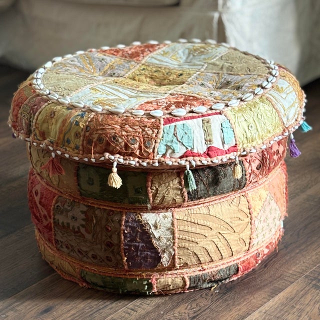 Pouf India Khambadiya Colorful Patchwork Stool - Shells Mirrors Abc Furniture Boho Chic For Sale In Columbus - Image 6 of 12