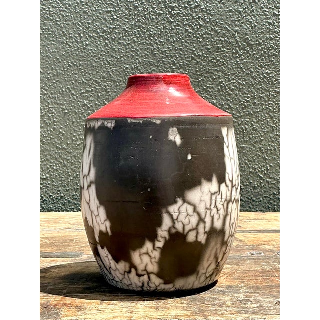 Mid-Century Modern Vintage Original Raku Studio Pottery Vase For Sale - Image 3 of 12