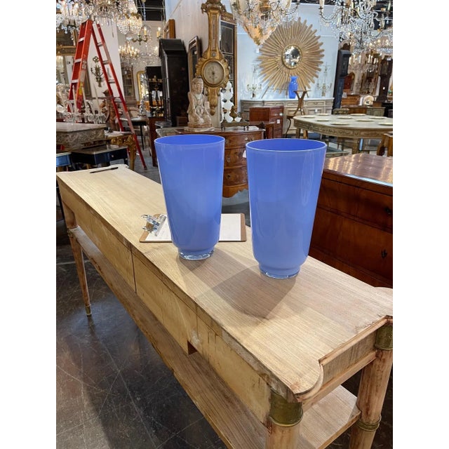 Modern Vintage Blue Murano Glass Vases - A Pair For Sale - Image 3 of 5