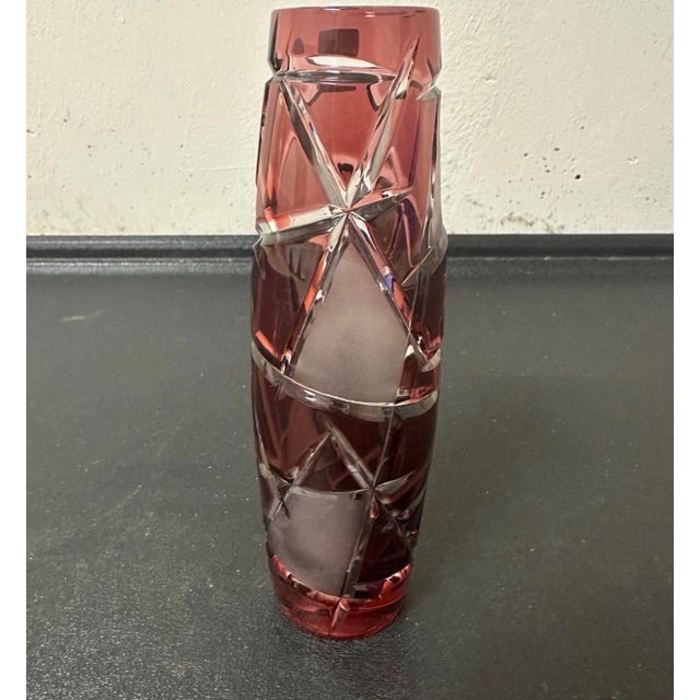 Caesar Crystal Modern Cranberry Cut Glass Bud Vase Brand New 8” Excellent condition as original sticker brand new no...
