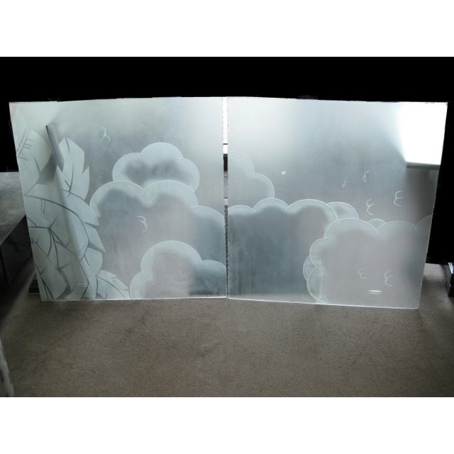 Two acid etched frosted glass architectural panels from the Art Deco period. The cloud and bird motif drift across the...