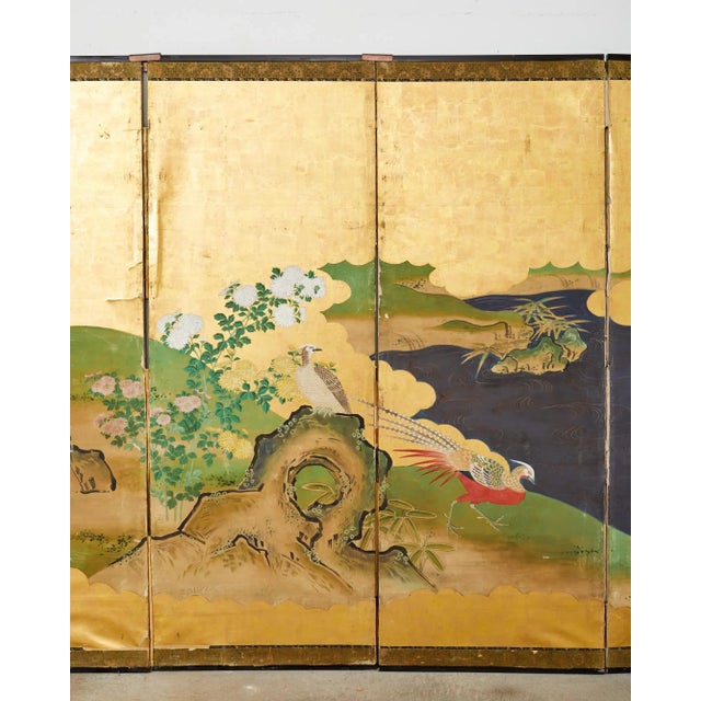 Japanese Meiji Six Panel Screen Kano School Bird Waterscape For Sale - Image 4 of 12