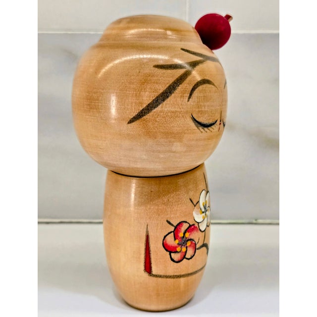 Contemporary Vintage Hand-Painted Japanese Kokeshi Doll With Blossoms For Sale - Image 3 of 8