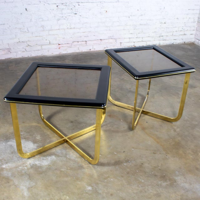 Modern Late 20th Century Modern End or Side Tables 1 Rectangle & 1 Square W/Glass Inset Tops & Brass Plate Bases For Sale - Image 3 of 18