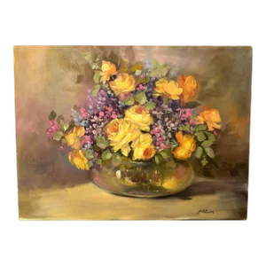 Vintage French Impressionist Floral Still Life Original Oil Painting, Butter Yellow, Mauve and Sage Green