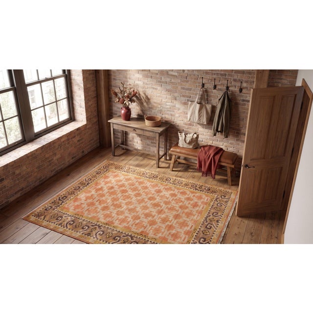 Apricot 6x9 Yellow Hand-Knotted Wool Trellis Motif Geometric Modern Carpet Rug For Sale - Image 8 of 9