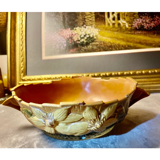 Vintage 1940s Roseville Pottery Clematis Console Bowl 457-8 Autumn Brown MCM For Sale - Image 12 of 12