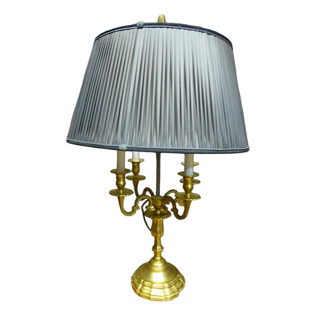 Large Lamp in Gilded Bronze with Pleated Silk Shade For Sale