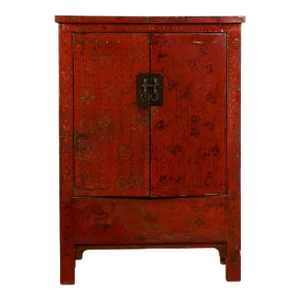 19th Century Qing Dynasty Period Red Lacquer Floral Décor Shanxi Cabinet