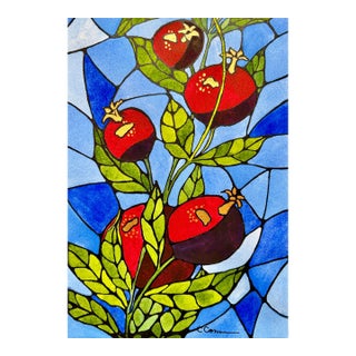 Original Watercolor Painting “Stained Glass Pomegranates” For Sale