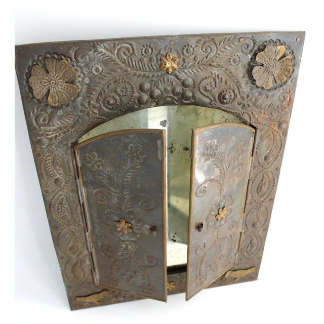 Gray Vintage Mexican Folk Art Punched Tin “Hojalata” Mirror W/ Brass Accents For Sale - Image 8 of 12