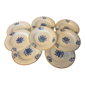 Small 7" Antique English Blue & White Porcelain Serving Plates With Basketweave Border - Set of 10