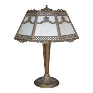Antique Victorian French Neoclassical Gold 2 Light Slag Glass Cast Iron Lamp