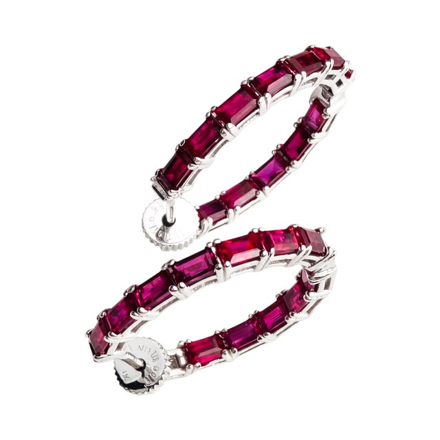 14k White Gold Twist Lock Inside-Out Hoop Earrings, 2.35ct Rubies For Sale - Image 4 of 7