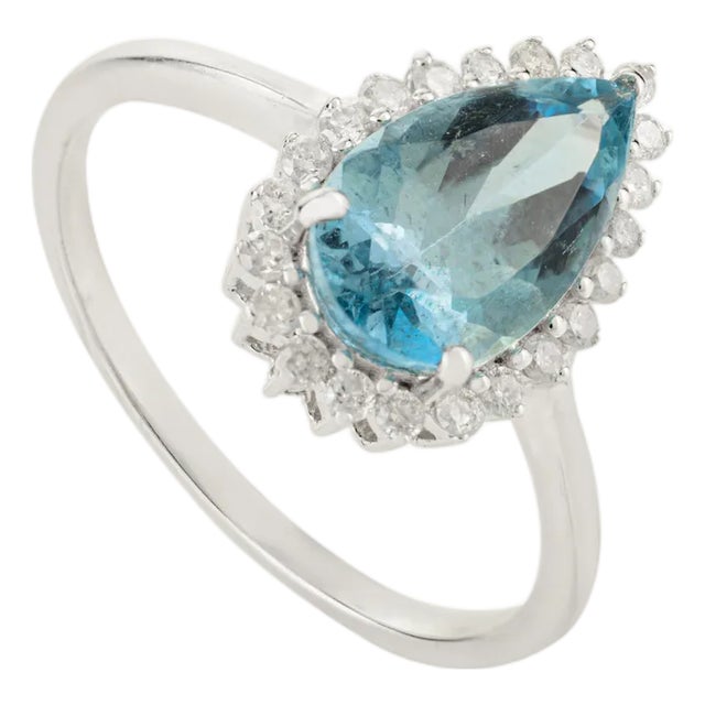 14k White Gold Aquamarine & Diamond Engagement Ring Size 6 For Sale