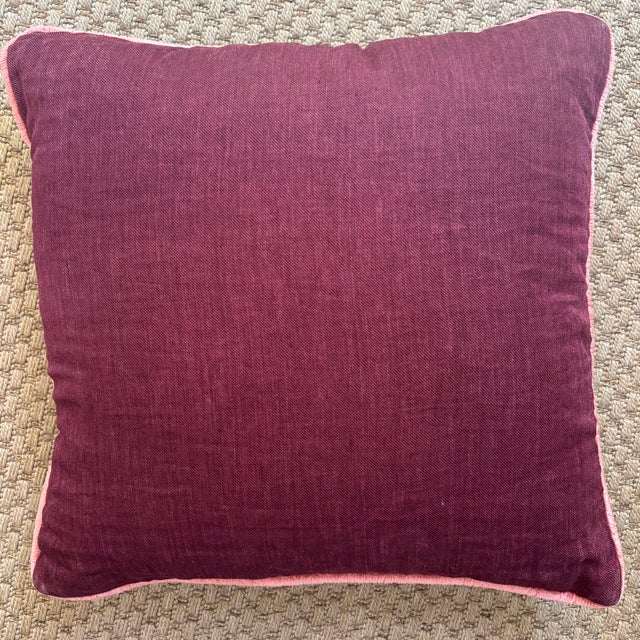 Contemporary Linen Pillow in Eggplant Purple With Pink Trim For Sale - Image 6 of 7