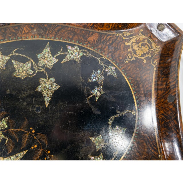 Black 19th Century English Victorian Tole Metal Serving Tray With Mother of Pearl and Faux Grain Design For Sale - Image 8 of 18