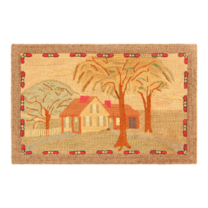 Antique Framed Hooked Rug, Beige and Green Country Home Pictorial - Rug & Kilim